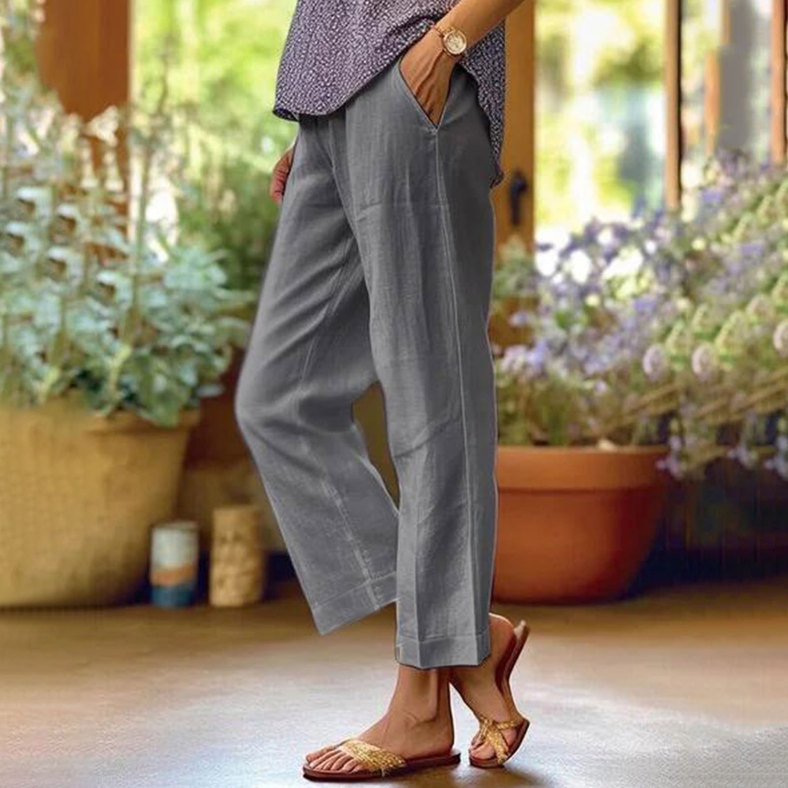 thumbnail image 2 of Pantalones anchos de color liso con cintura elástica para mujer: cintura media, bolsillos, elásticos, pantalones de trabajo informales para todas las estaciones, 2 of 5